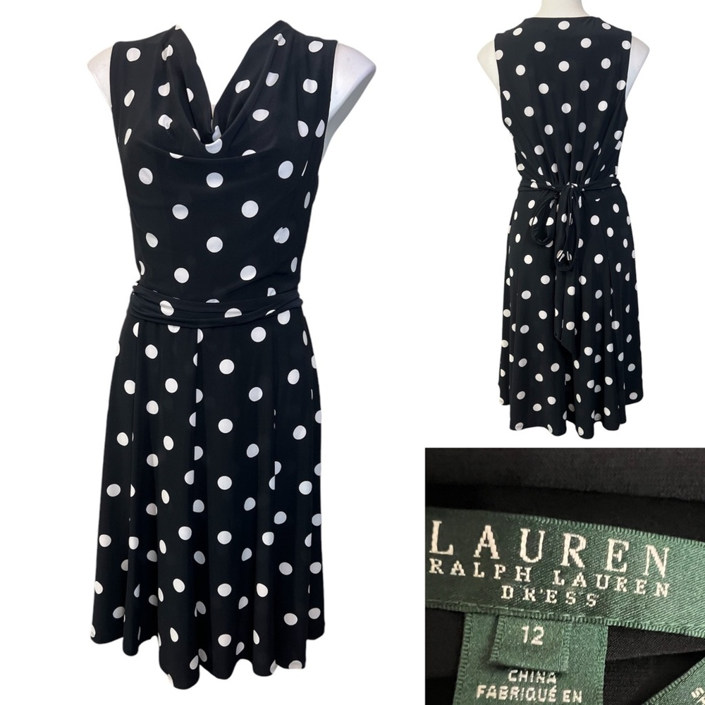 Lauren Ralph Lauren Black and White Polka Dot Sleeveless Dress